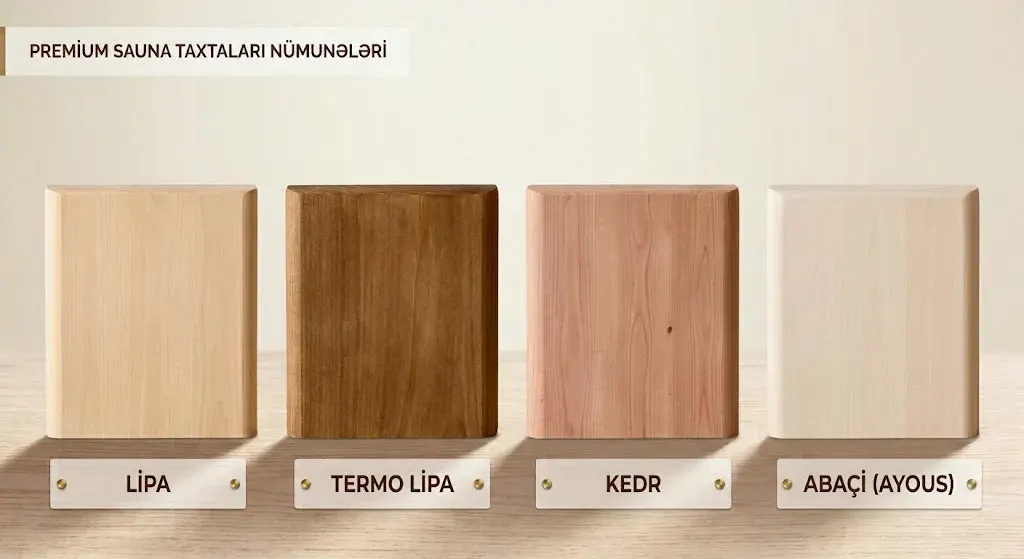 Sauna üçün müxtəlif ağac növlərindən nümunə lövhələr: açıq rəngli cökə, karamel rəngli termo cökə və sidr